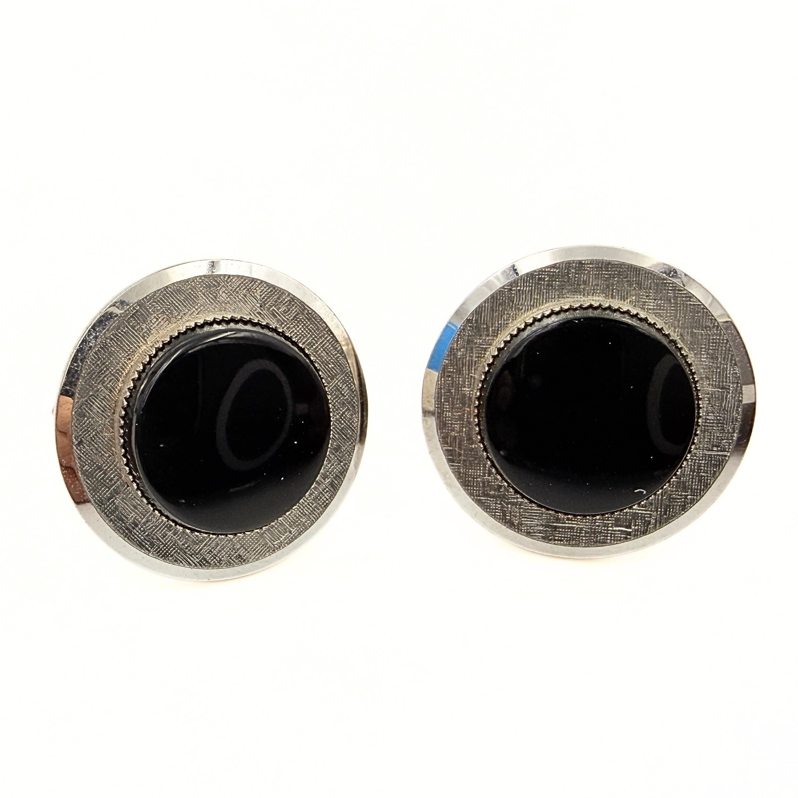 Hadley Signed MCM Round Black Glass “Mad Men” Era Textured Cufflinks