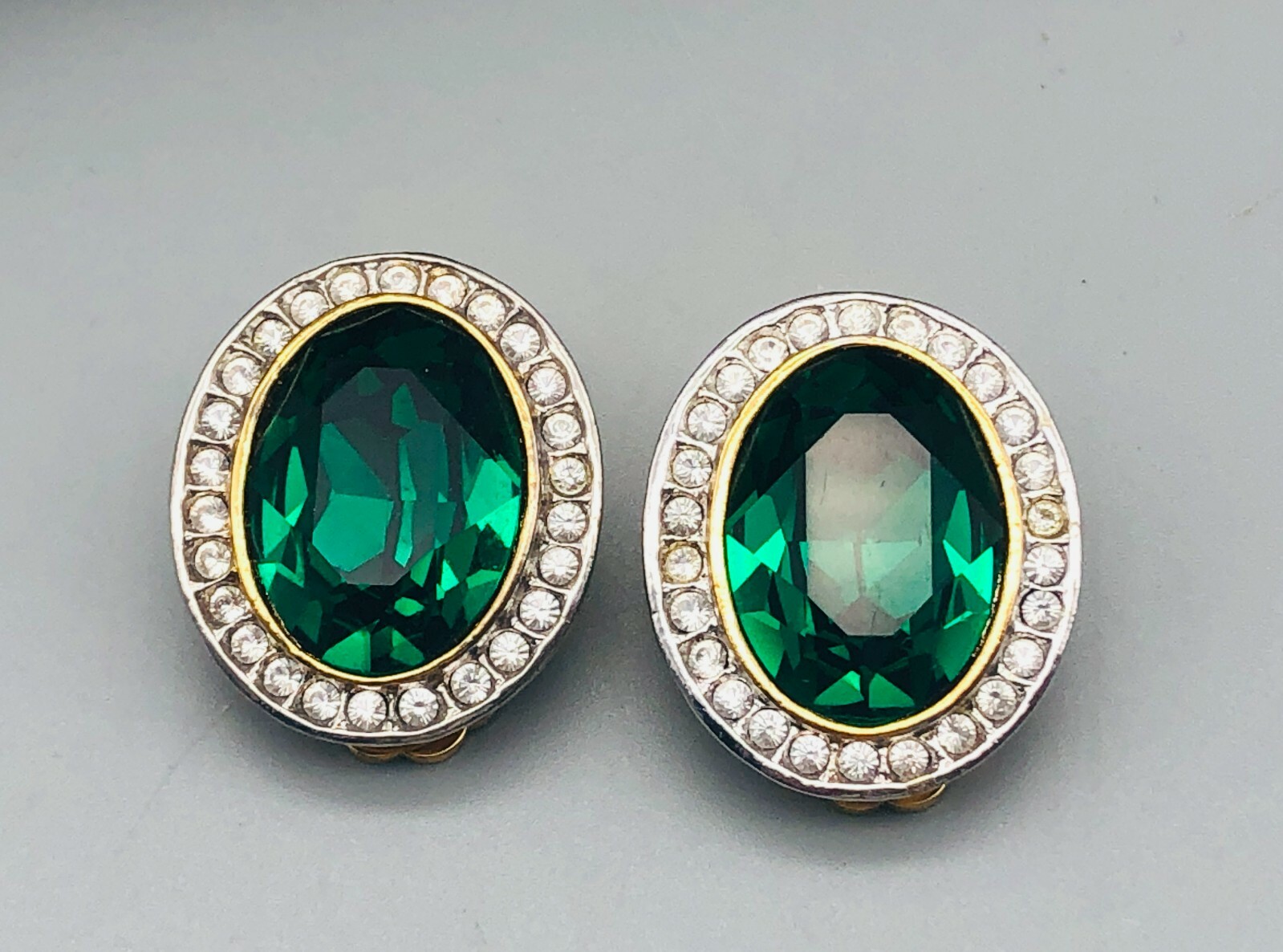 Vintage Real Look Large Emerald Green & Rhinestones Oval Chunky Earrings