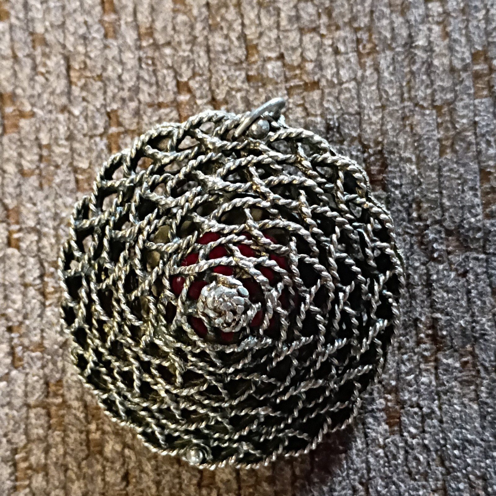 Vintage Round Red Glass pendant with Silver Metal Accents