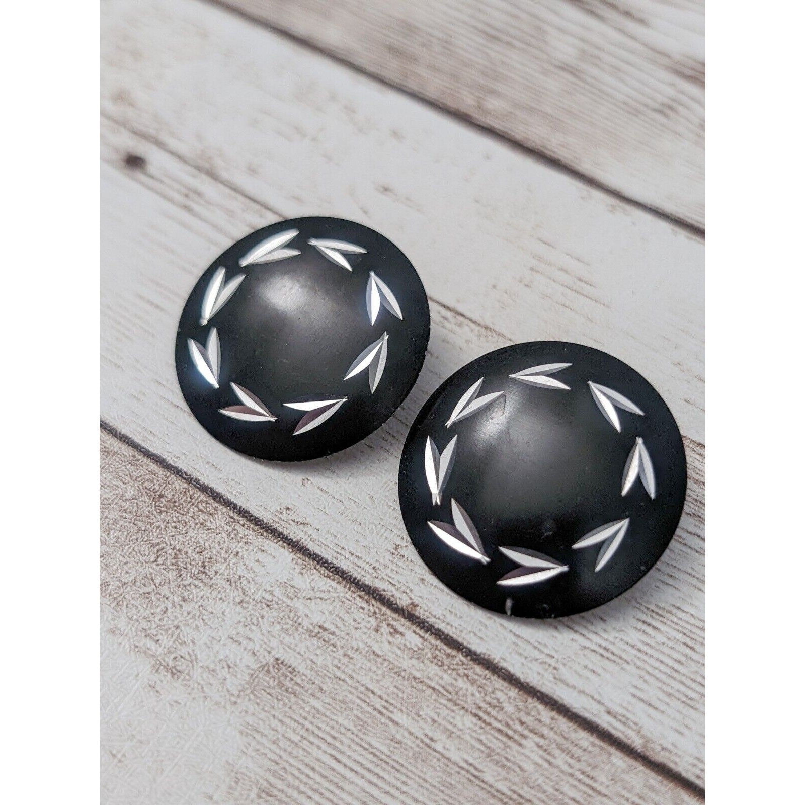 Vintage Clip On Earrings – Black with Silver Tone Design 1 & 1/8″