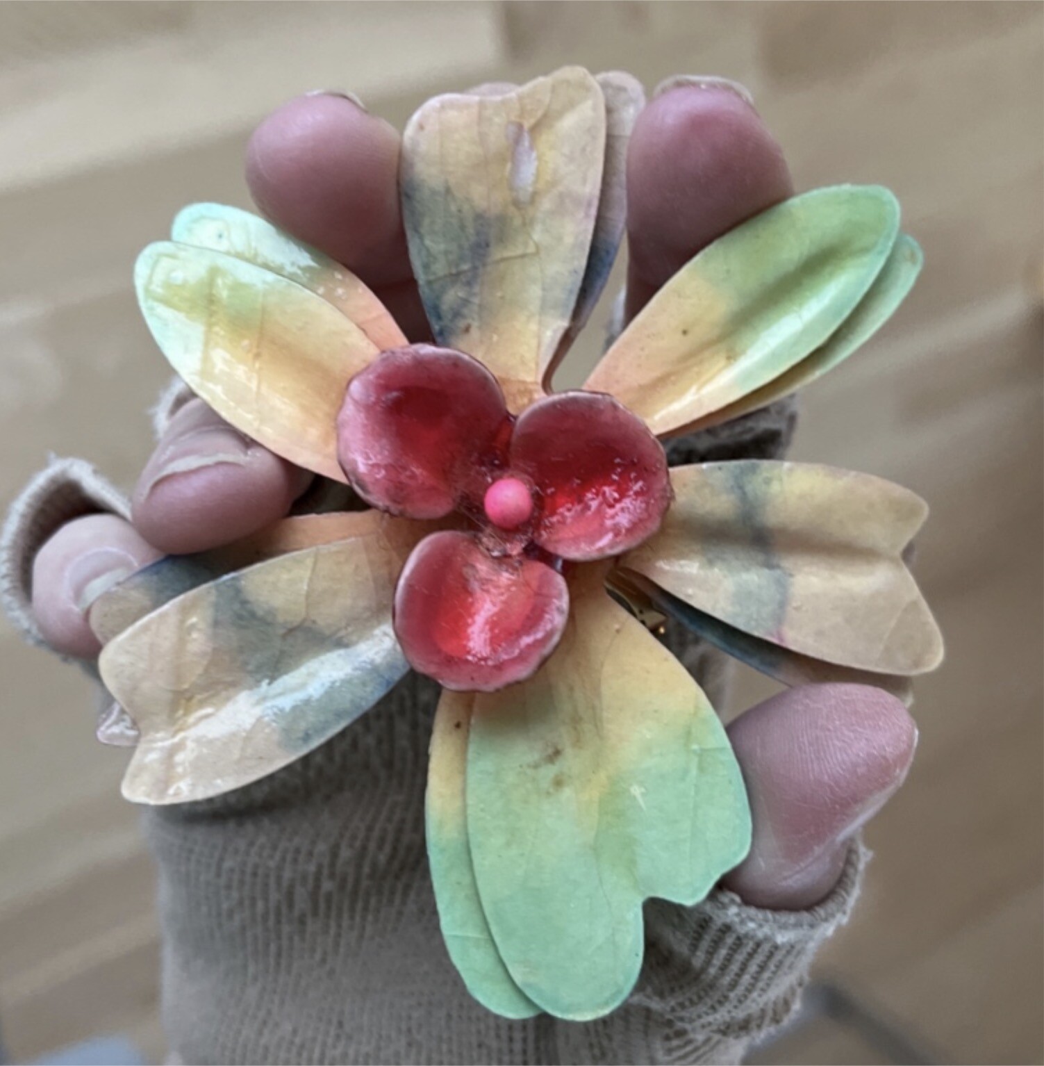 Vintage Large Enamel Flower Pin – lightweight not metal – papier mache? resin?