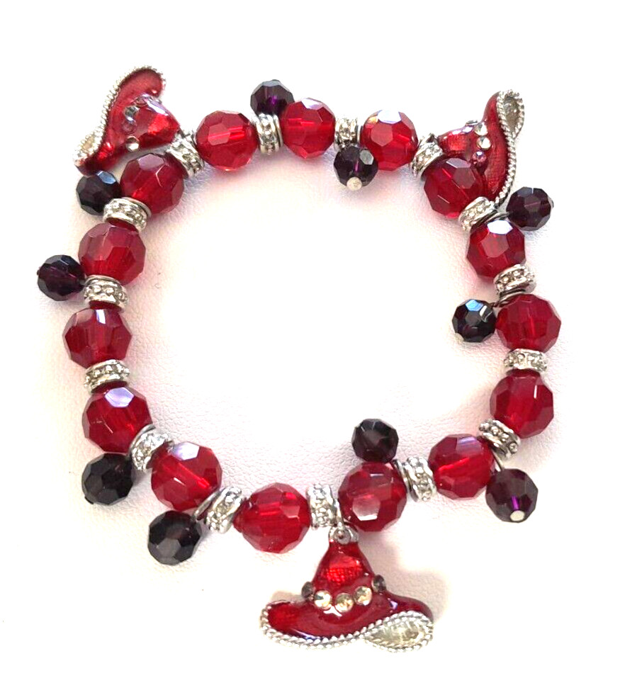Red Hat Ladies Red & Black Faceted Glass Beads w/ Charms Stretch Bracelet VTG