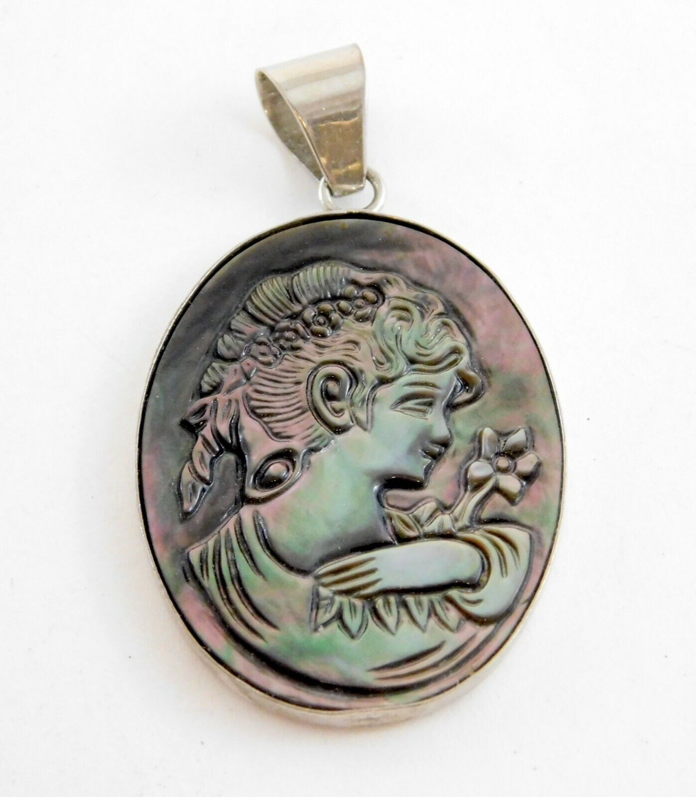 LS China Silver Tone Metal and Carved Abalone Shell Cameo Pendant 6.5g 2 Inches