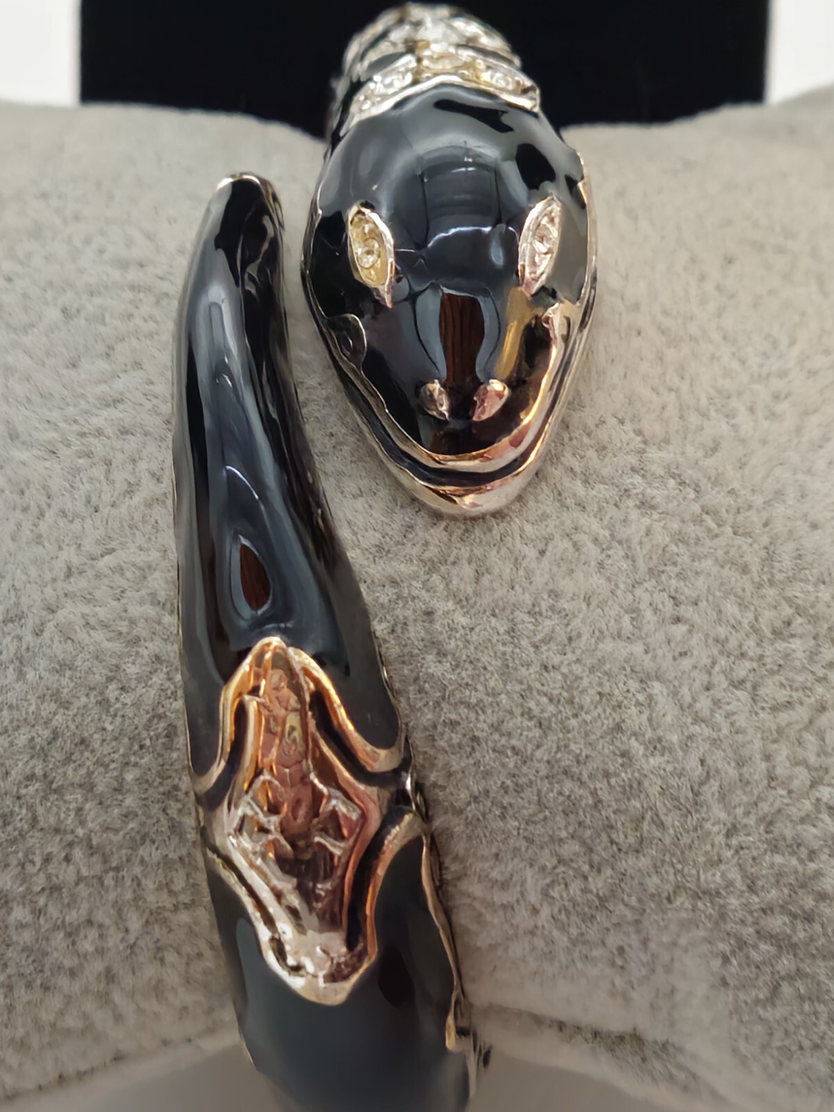 Estate Vintage Silver Finish Snake Clamper Bracelet With Black Enamel
