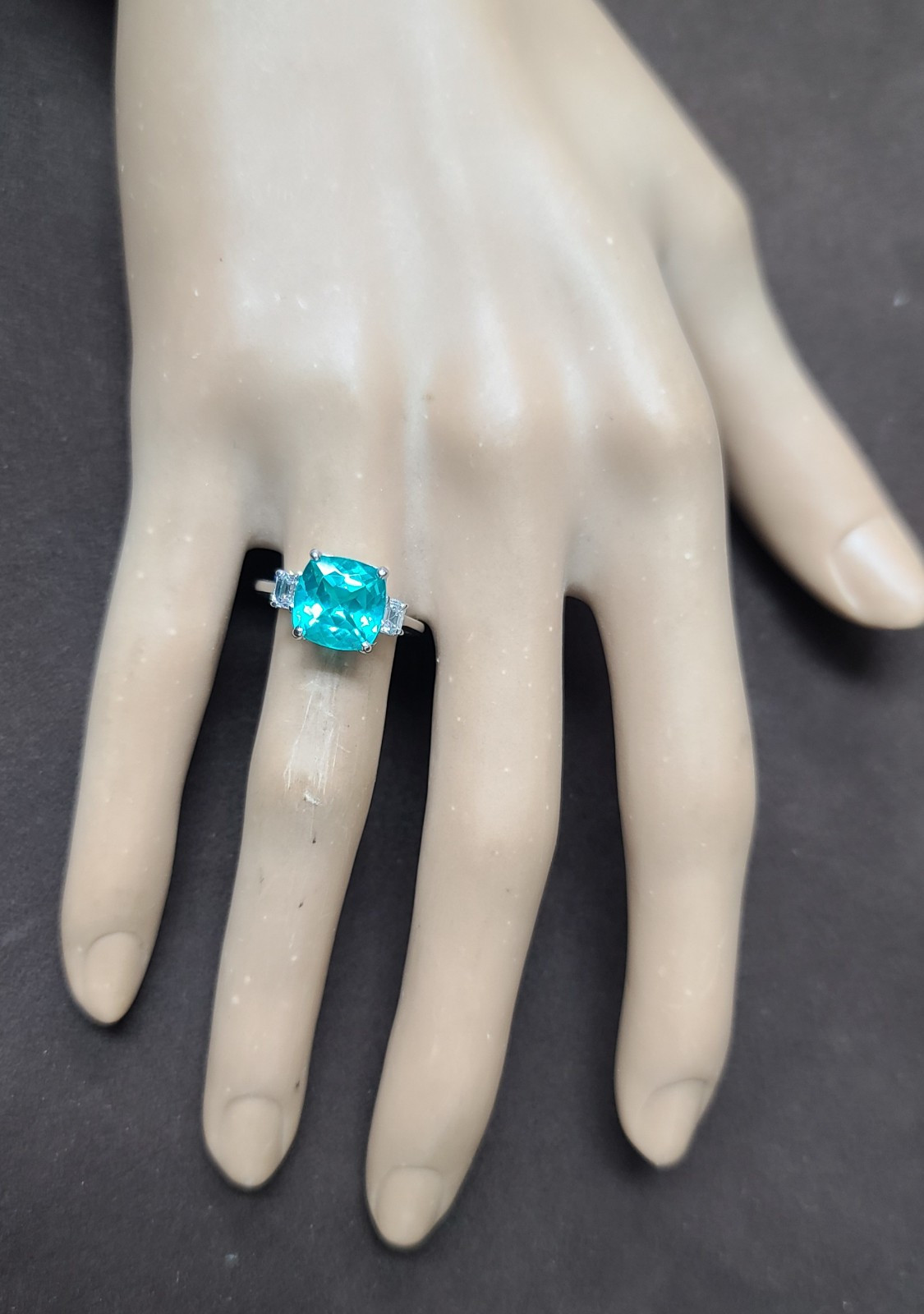 14k White Gold Engagement Ring 4.75CT. Lab-grown Paraiba Tourmaline Cushion Cut