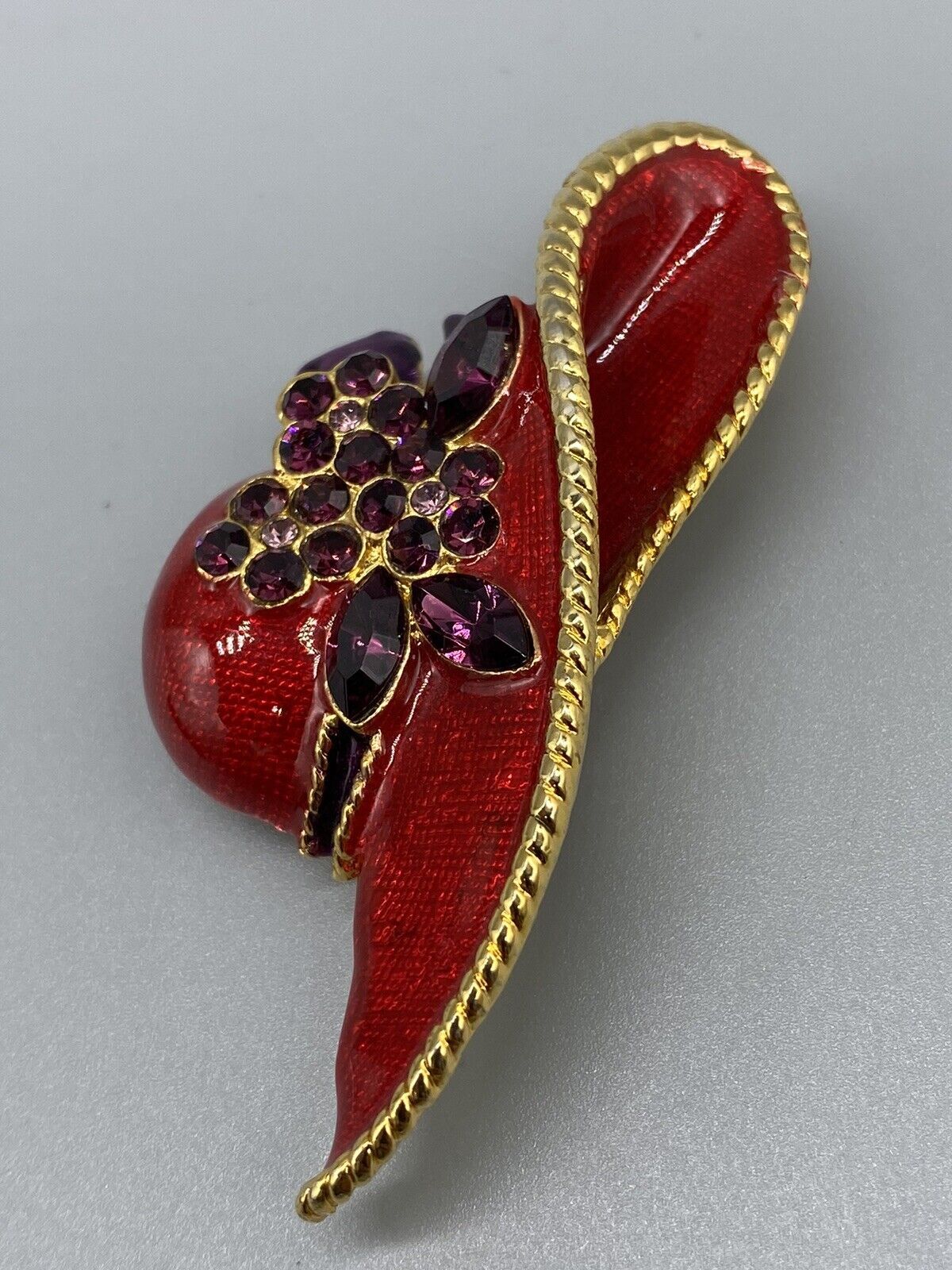 Vintage Lady Hat Red Enamel Floral Ribbon Purple Rhinestone Gold Tone Brooch Pin