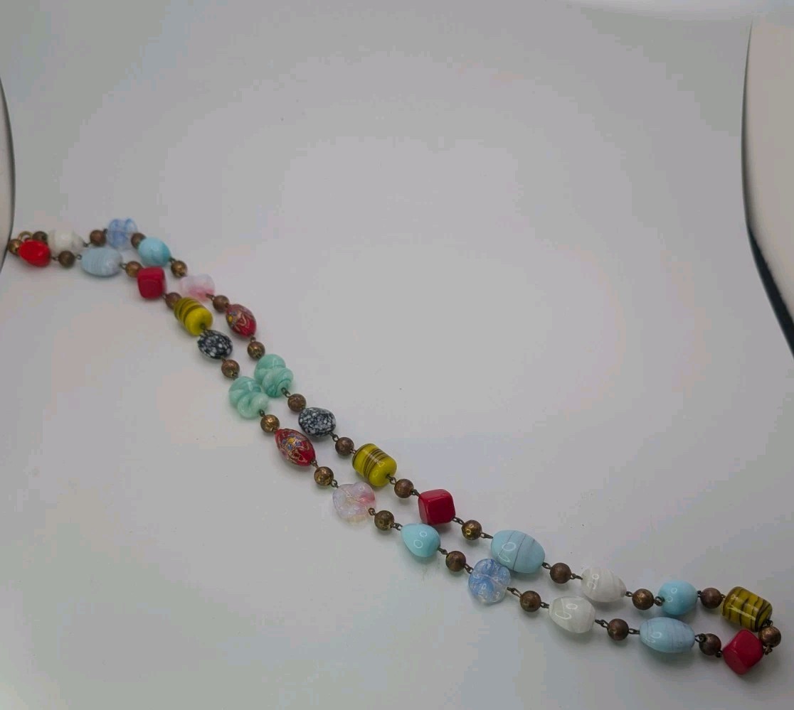 VTG Colorful Glass Metal & PlasticBead Necklace Painted Bronze Swirls Long