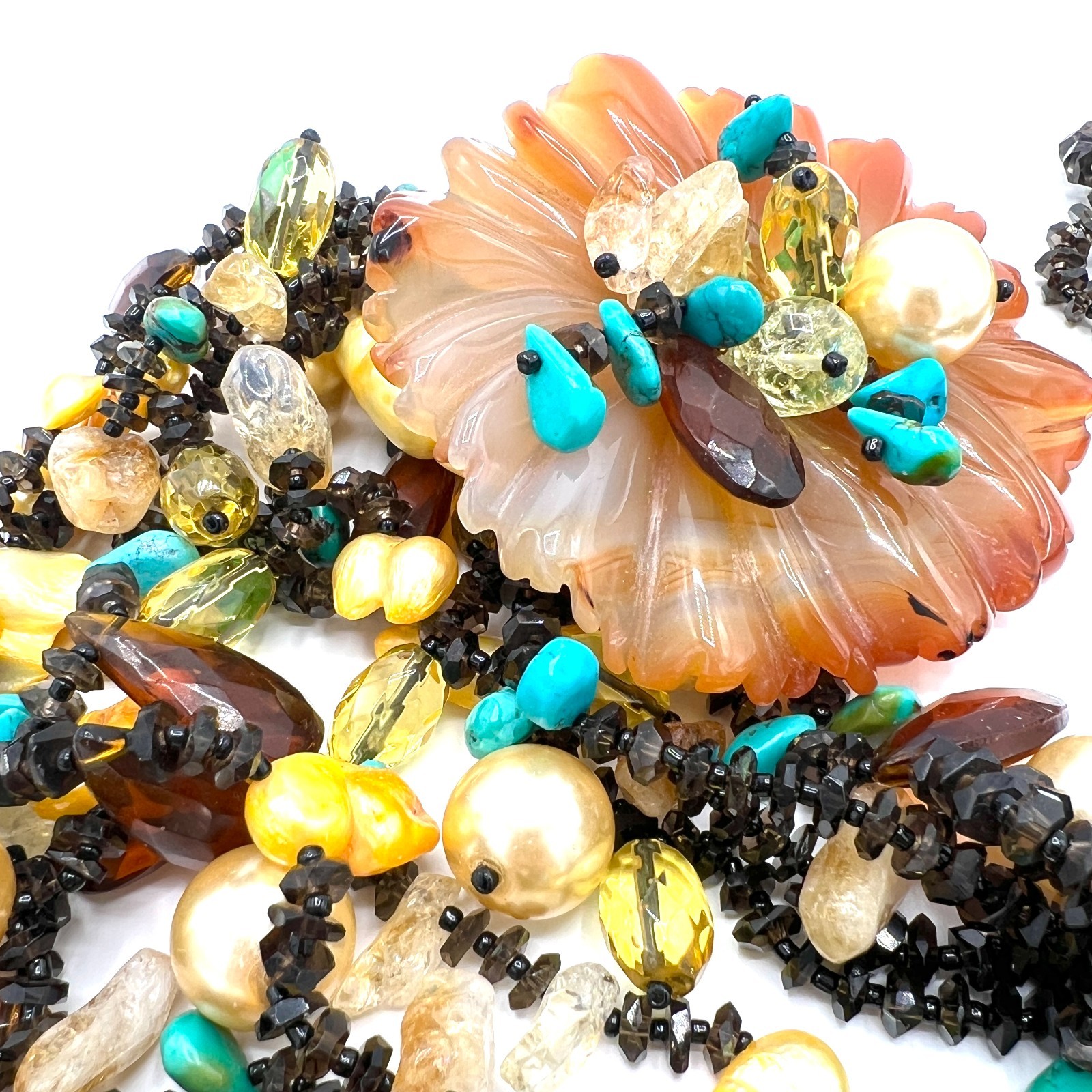 Vintage Artisan Multi Strand Necklace Carved Carnelian Flower Freshwater Pearls