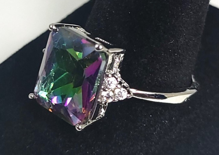 Large Square Cushion Cut Mystic Topaz Lab Created Diamond Side Accents Eng Ring