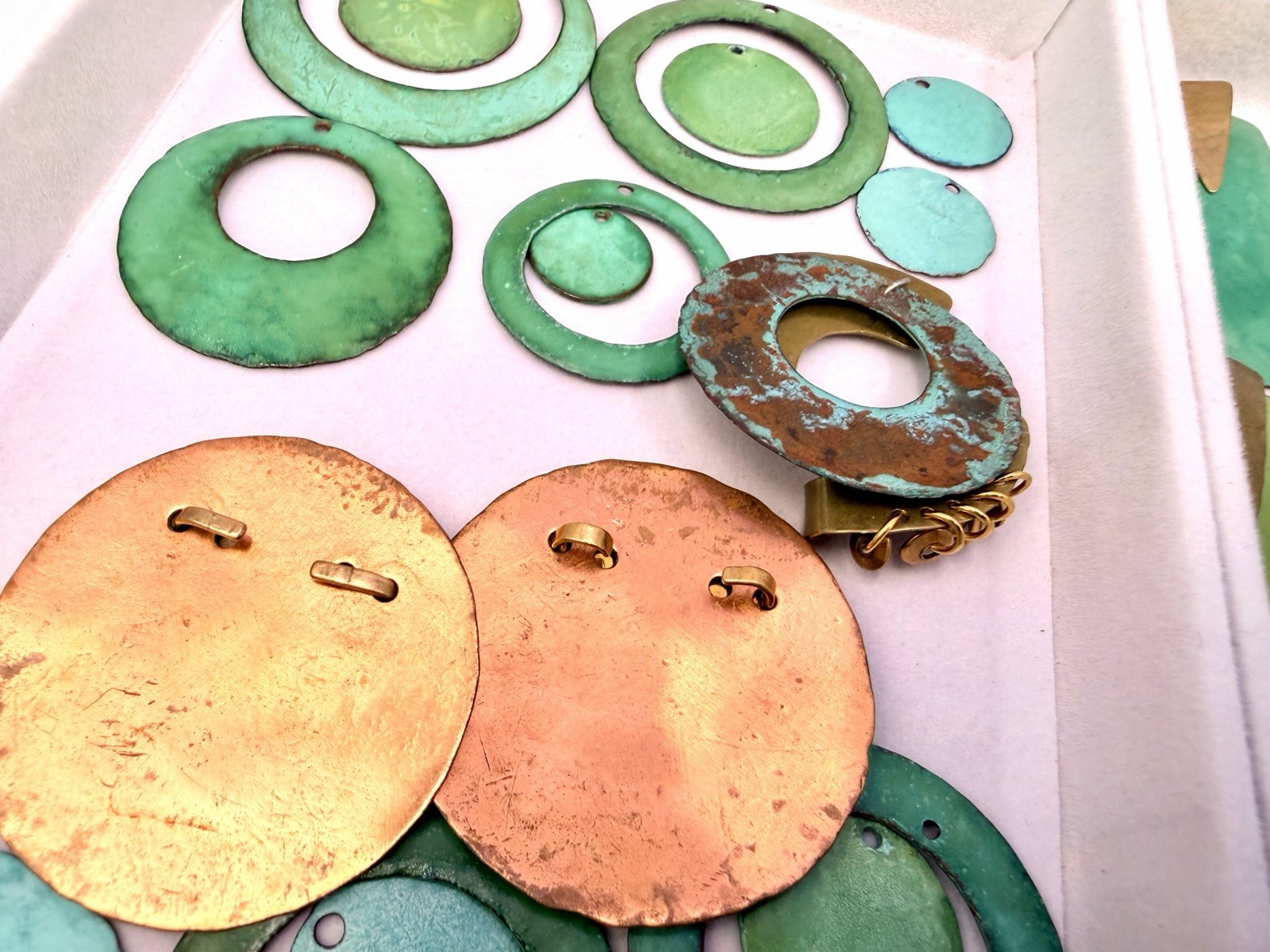 34 Pcs Vintage Handmade Hammered Brass Copper Layered Enamel Green Findings