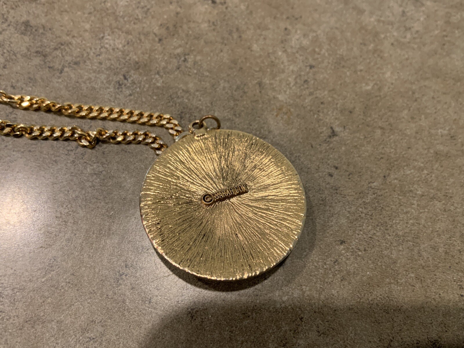 Vintage SARAH COV Gold Tone Medallion Necklace with Brown Acrylic Signed 28”