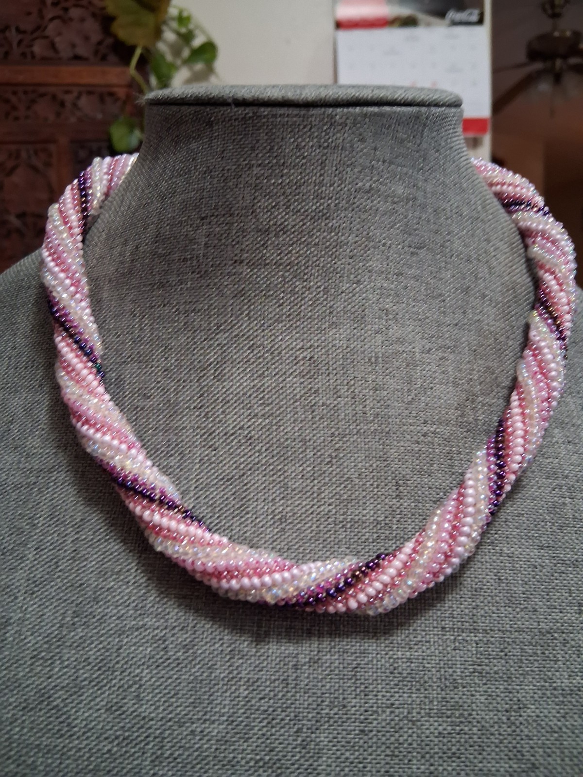 Twisted torsade necklace, pink, purple, & white glass seed bead, rope style