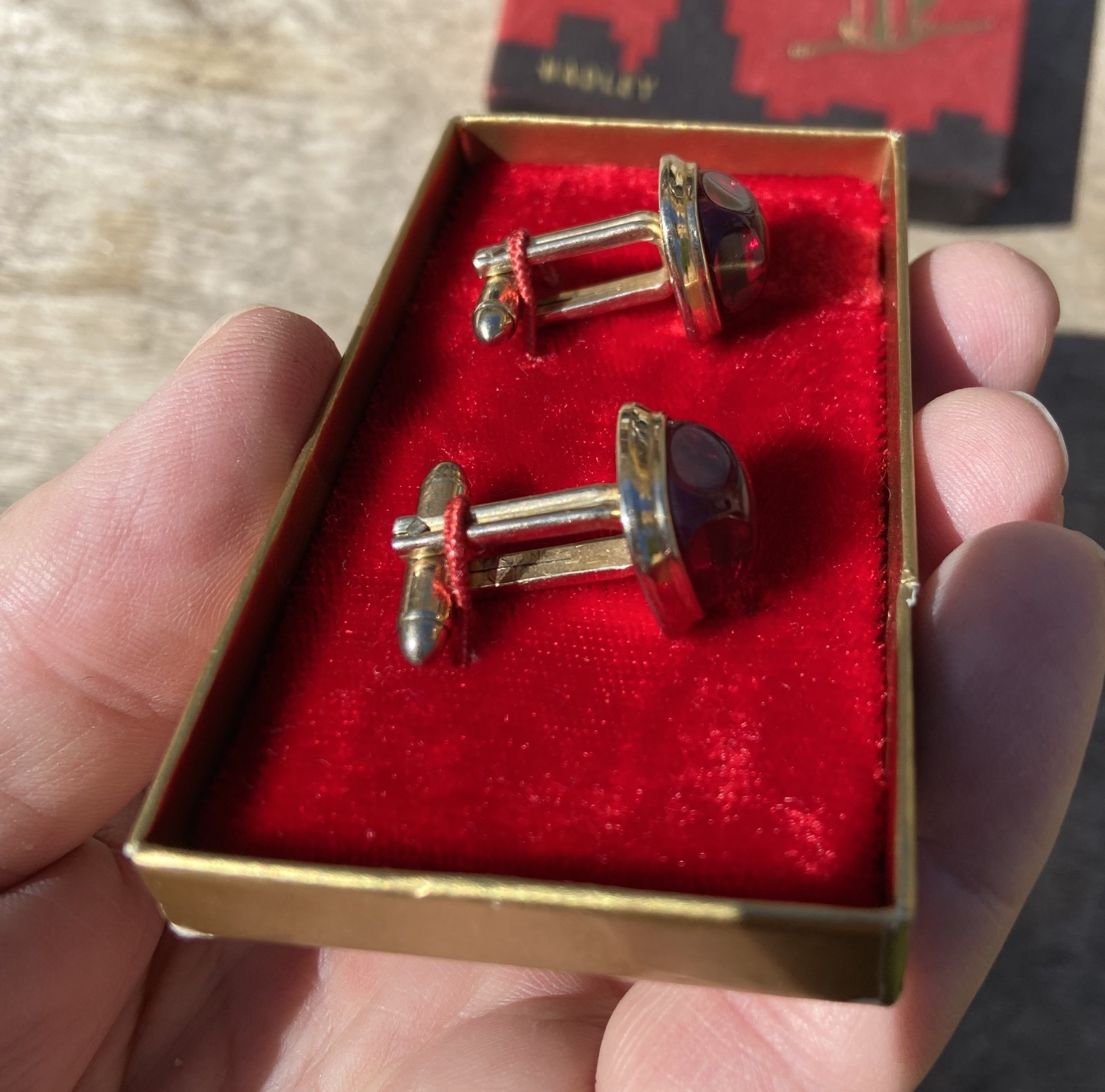Vintage HADLEY Simulated Red Gemstone Cufflinks Original Box & Jeweler’s Label