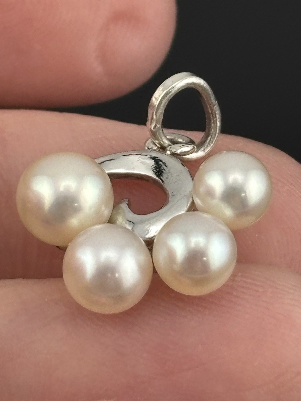 Vintage Sterling Silver Mikimoto Akoya Pearl Pendant 4 Pearls Swirl Charm .75″