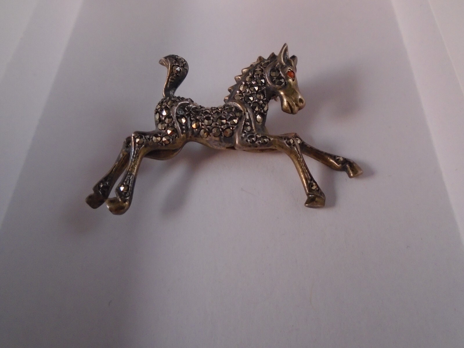 Sterling Silver And Marcasite Horse Brooch With Coral Eye Germany