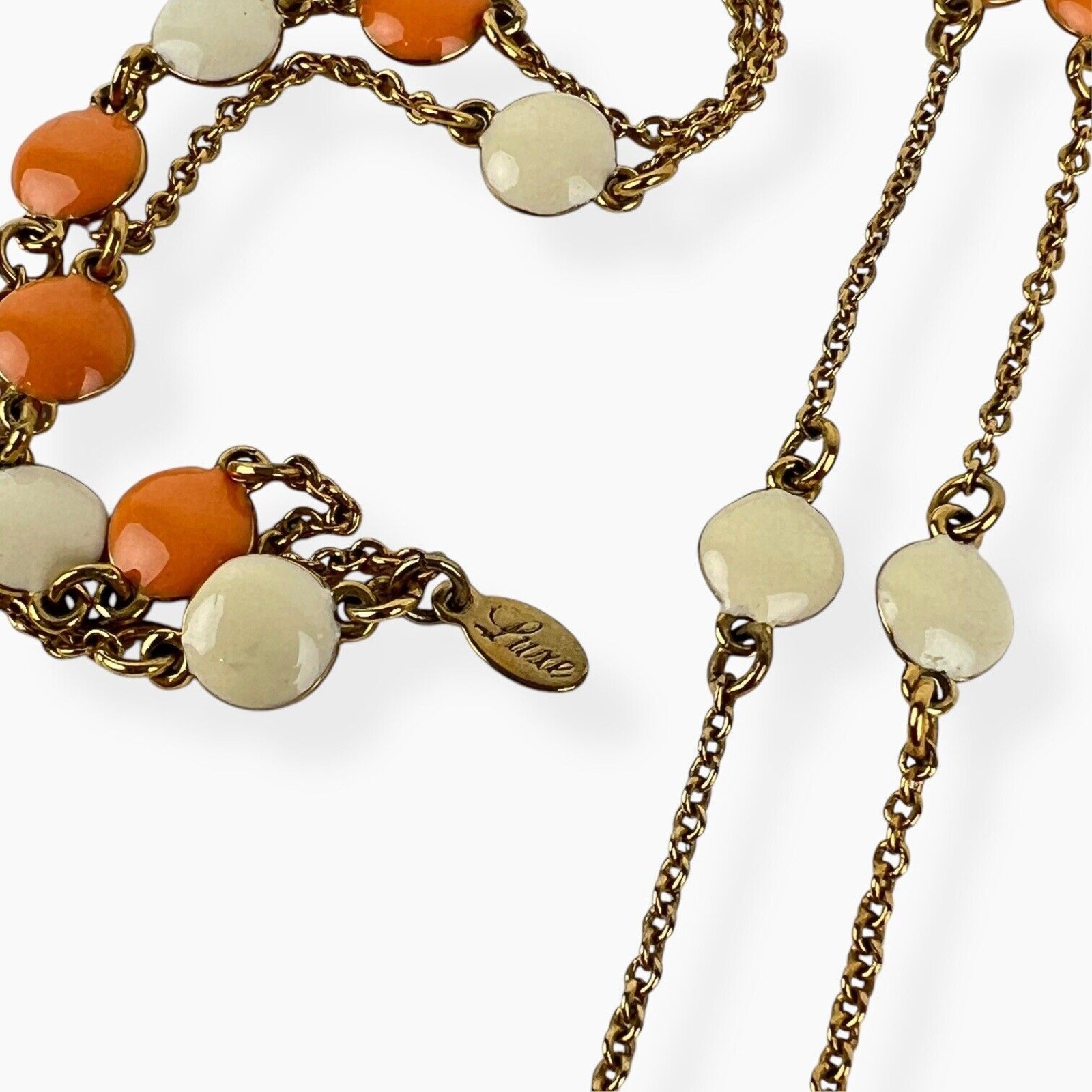 Necklace By Luxe Retro Beveled Orange Cream Enamel Dots Delicate Gold Tone Chain