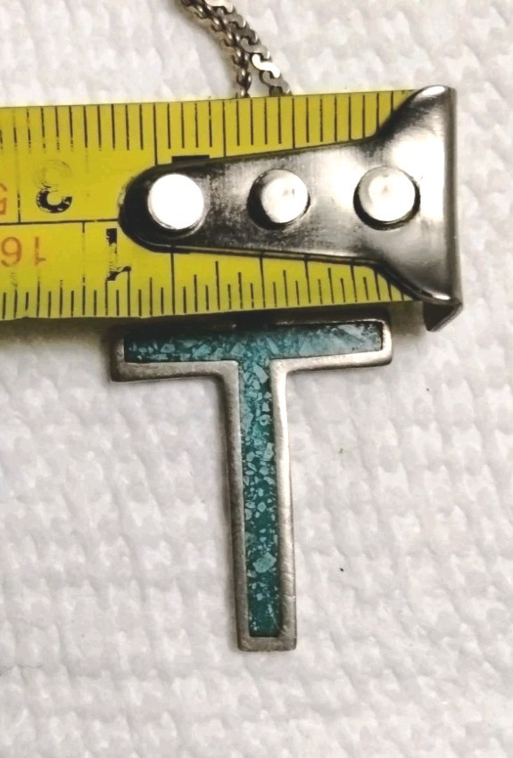 Vintage Estate 925 Sterling Silver Mexico Turquoise Cross Religious Pendant 18″