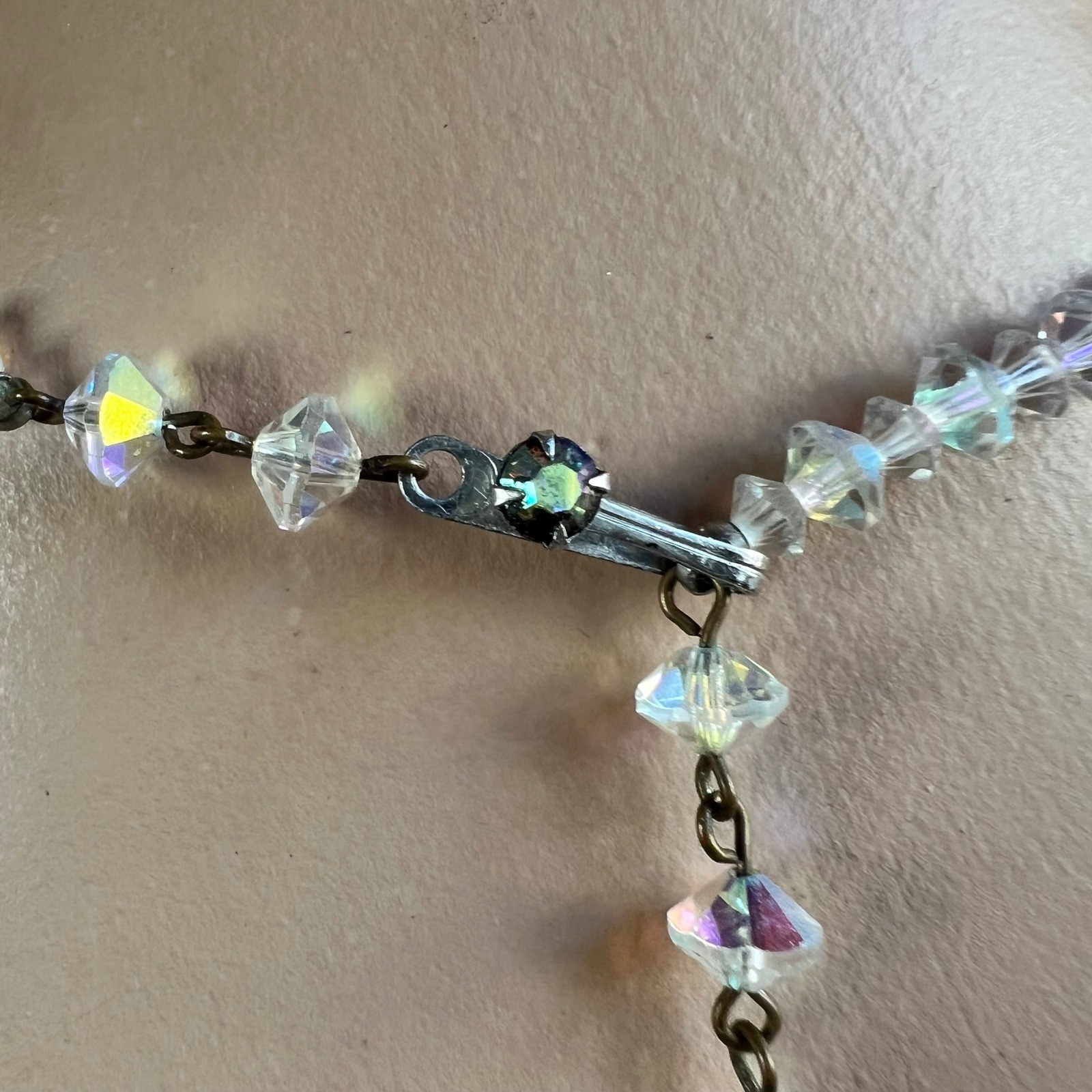 Circa 1950 Aurora Borealis AB Crystal Graduated Bicone Bead Necklace 16-18.5″
