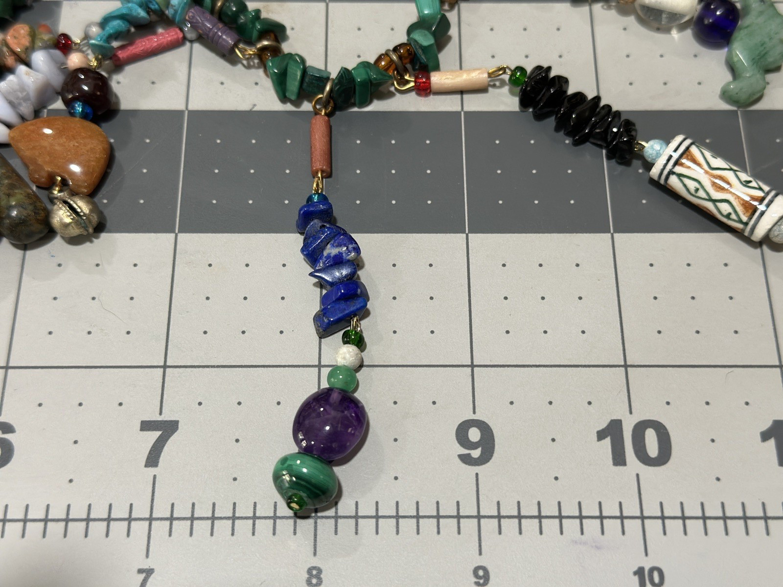 Vintage Multi Gemstone Charm Necklace Green Bead Strand Dangle Drop Boho Ethnic