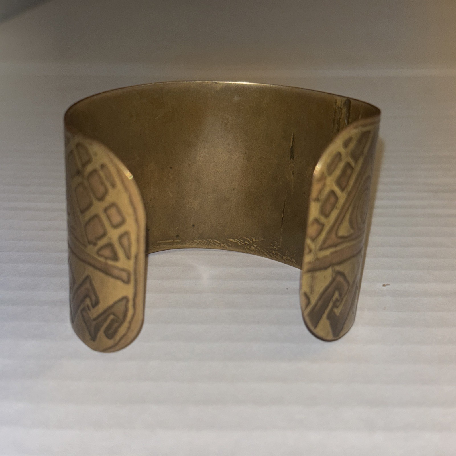 Vintage Tribal Etched Brass Brutalist Wide Cuff Bracelet Boho Statement Bangle
