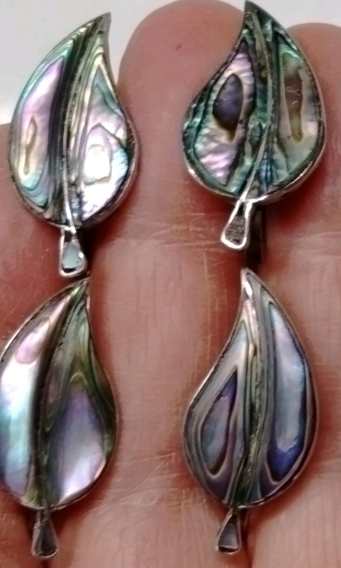 Sterling Silver 925 Abalone Shell Leaf Screw-On Earrings Signed Cuernavaca, Mex