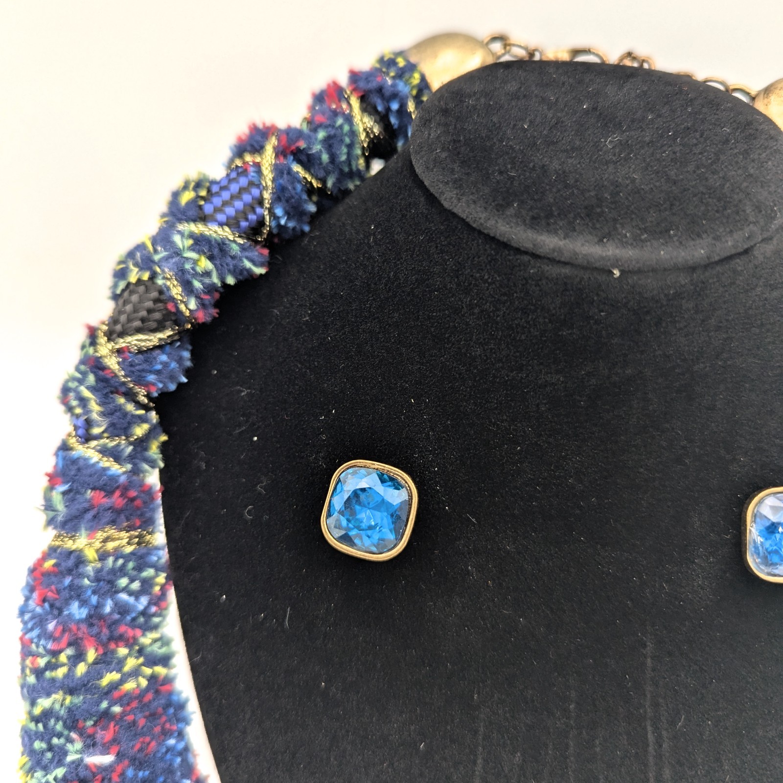 Vintage Victorian Revival Necklace Handmade Fiber Macrame Rhinestone Jewel Stud