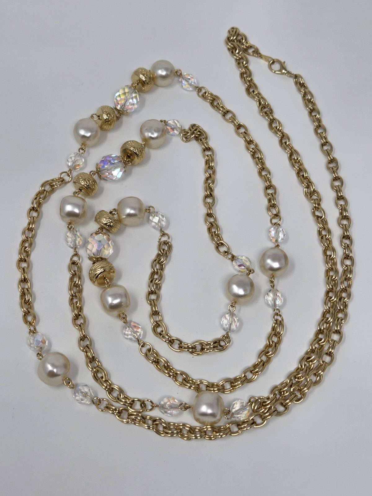 Gold Tone AB Crystal & Faux Pearl Chain Necklace 60 Inches Long Vintage