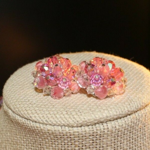 VINTAGE AB PINK 2 STRAND FACTED GLASS BEAD NECKLACE+CLUSTER CLIPS GORGEOUS!