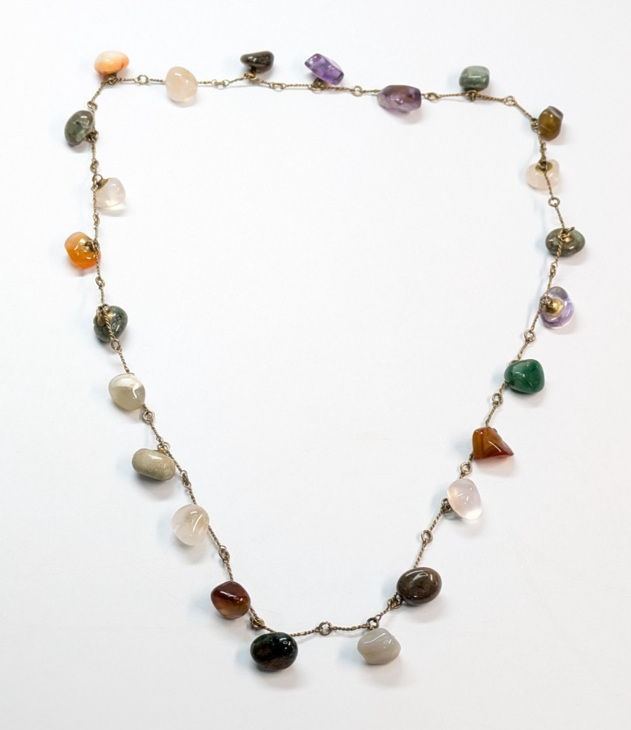 VTG Multi Color Tumbled Stone Pendant Station Gold Tone Statement Necklace 30″