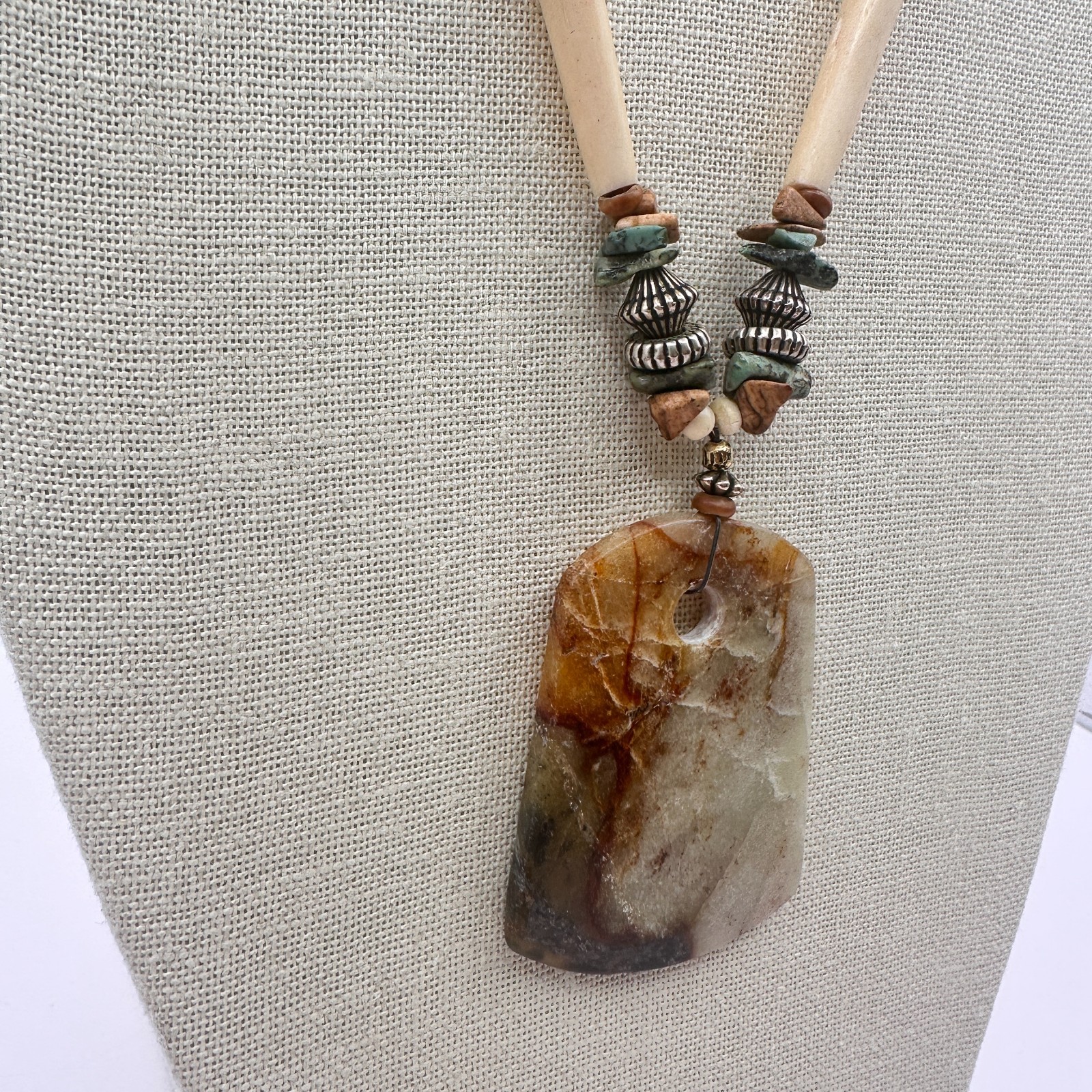 Vintage Southwestern Earthy Resin Pendant Hairpipe Necklace Boho Bead Statement