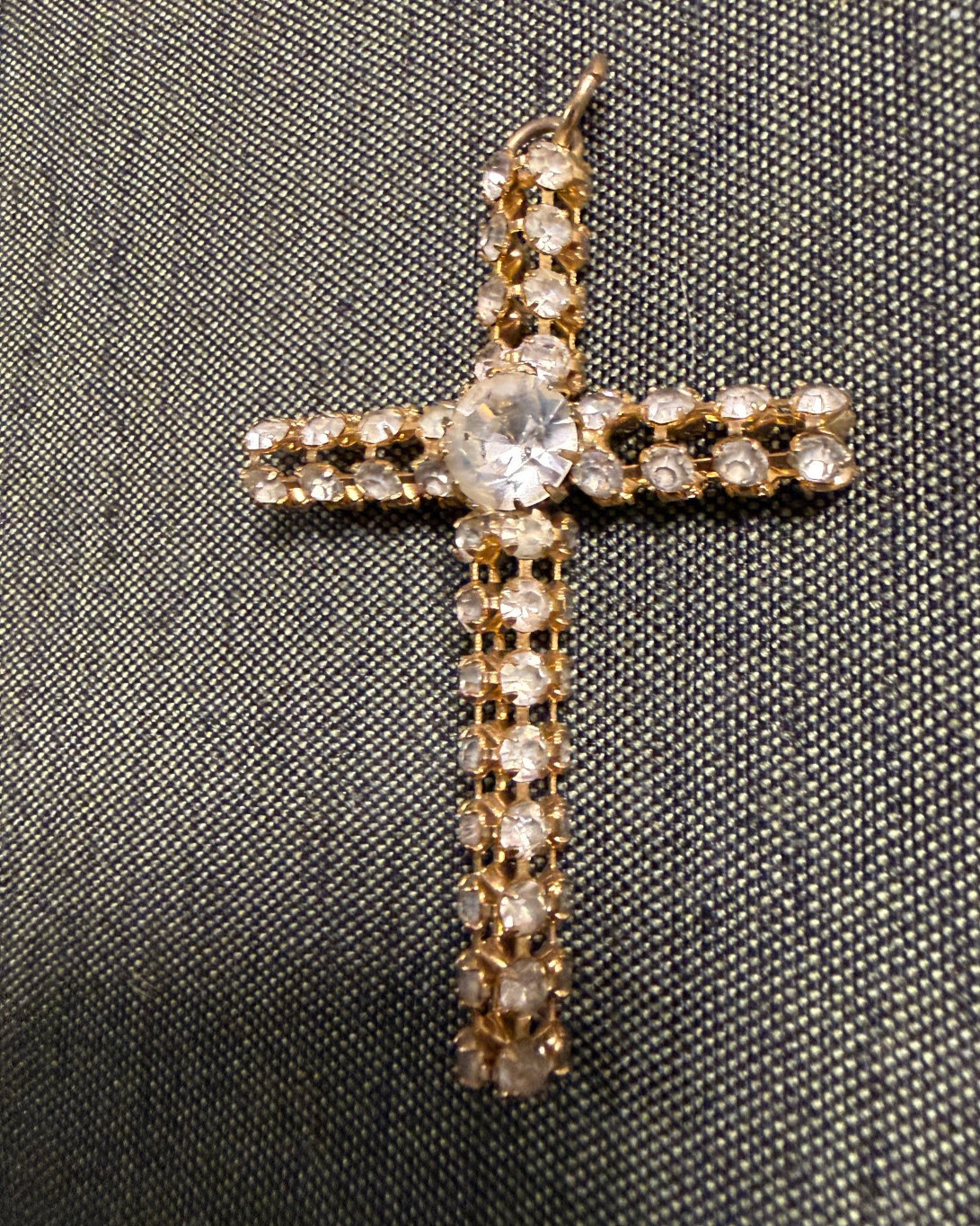 Vintage Metal and White Gem Stone 2″ Cross Pendant Gold Tone