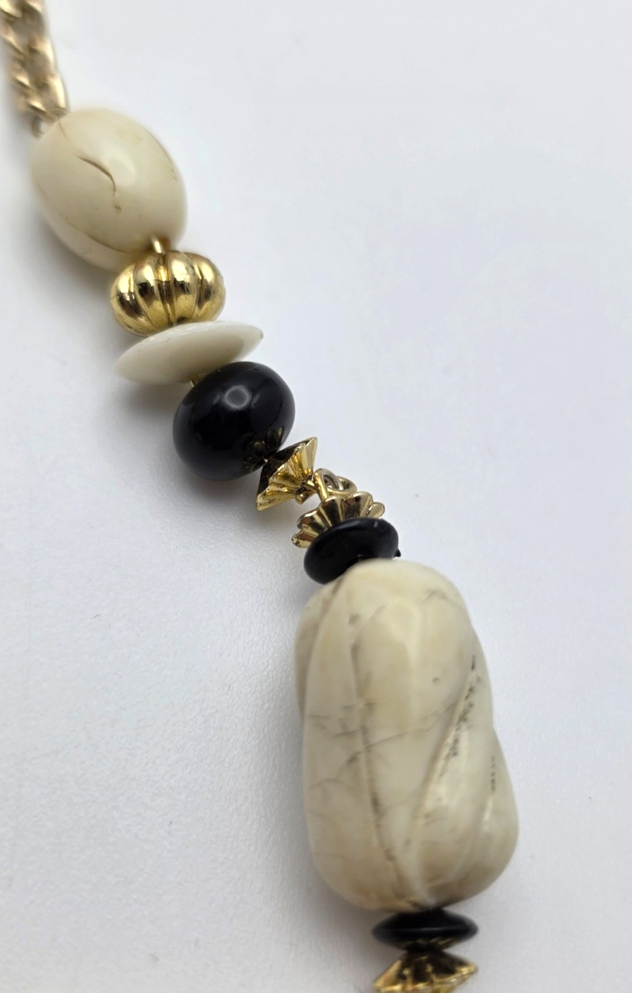 Vintage Lucite Beaded Necklace Cream Black Gold Tone 34 in Long Lightweight