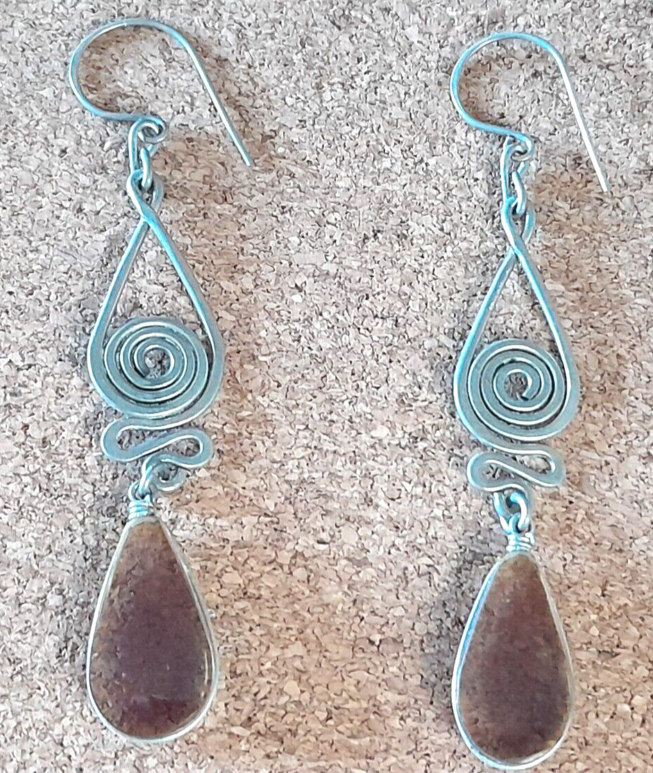 Vintage Artisan Ethnic Brown Teardrop 2.5″ Silver Tone Dangle Pierced Earrings