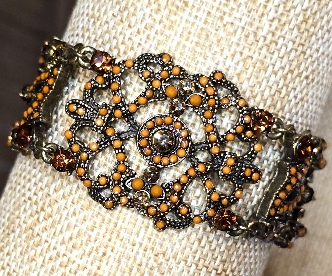 Vintage VCLM Bejeweled Bracelet Ornate Victorian Baroque Style Bronze Tone
