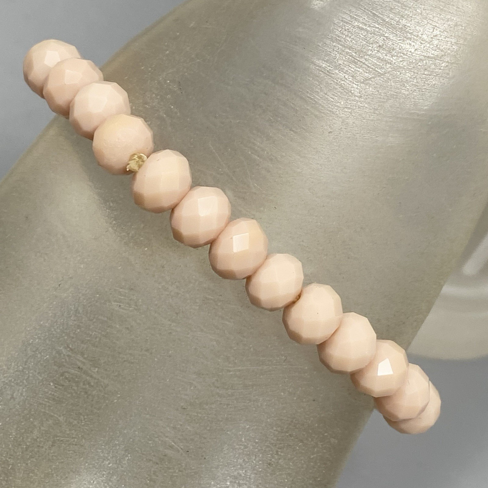 Glass Bead Charm Bracelet Stretch Peach Pink Faceted Padlock Charm Rhinestones 7