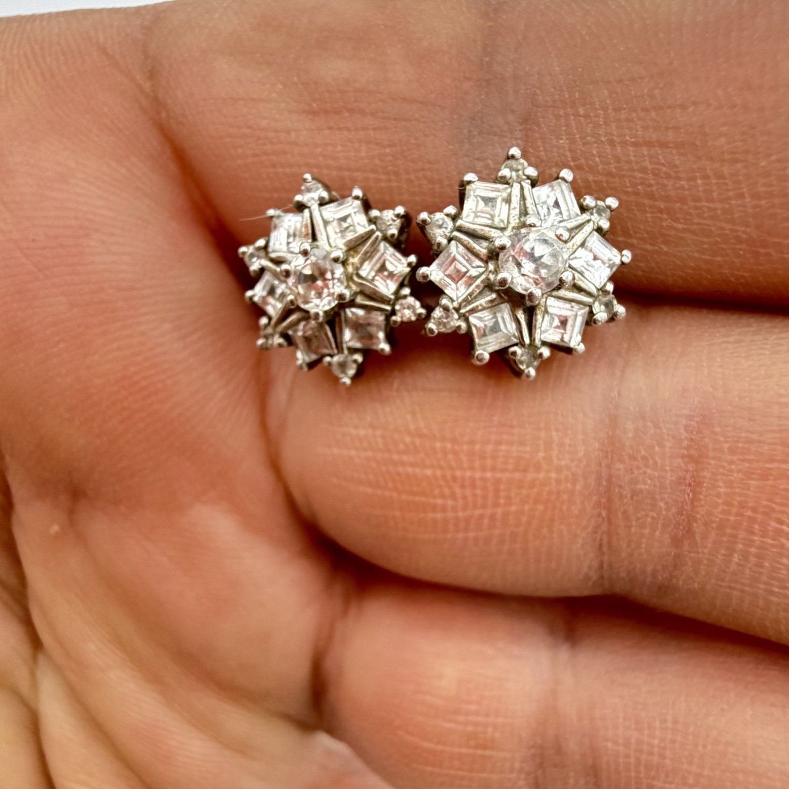Vtg HSN Sterling Silver White Topaz Earrings Bezel Set Snowflake Starburst STS