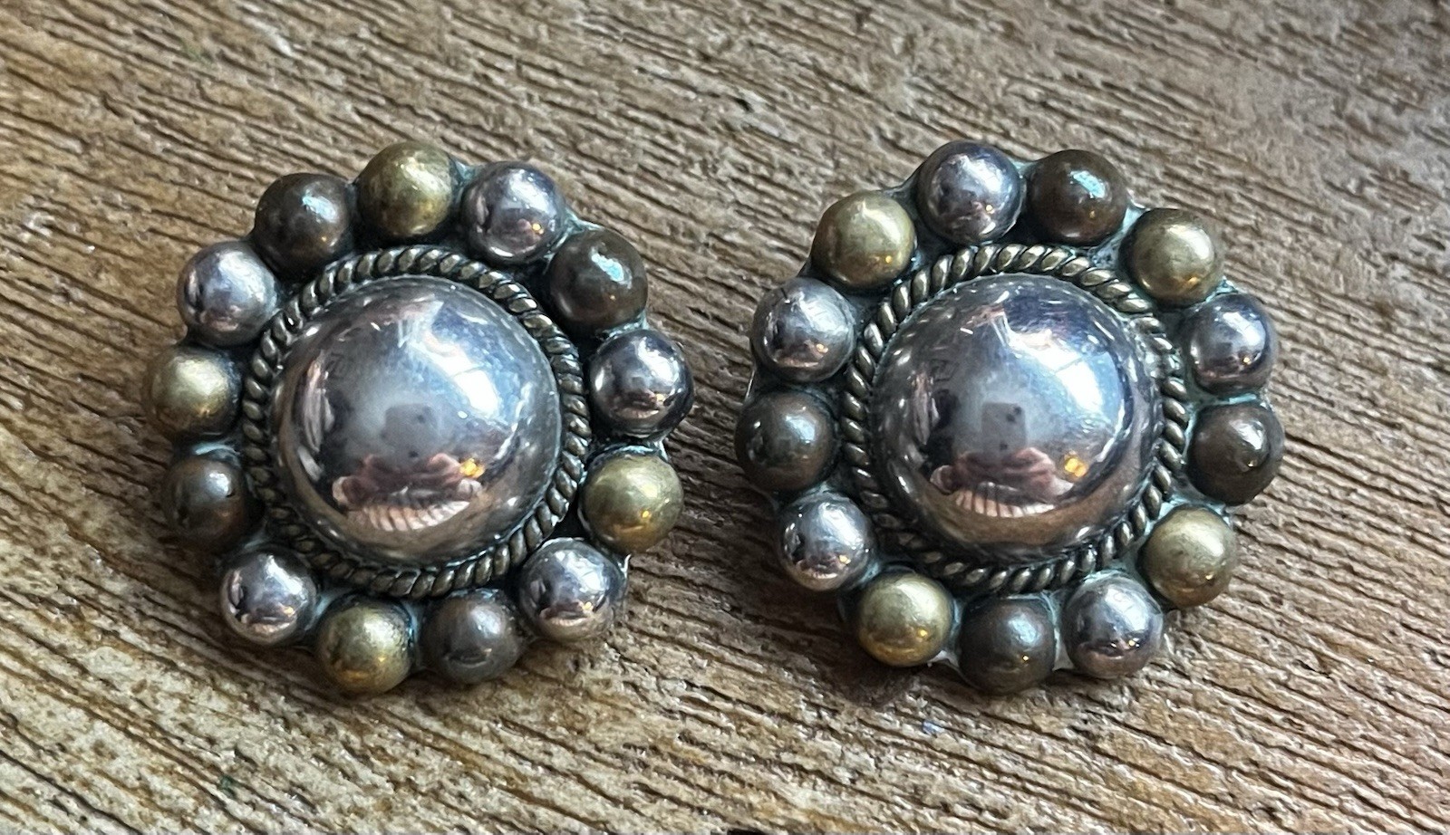 Vintage Sterling Silver 925 Mixed Metal Clip On Earrings Taxco Mexico