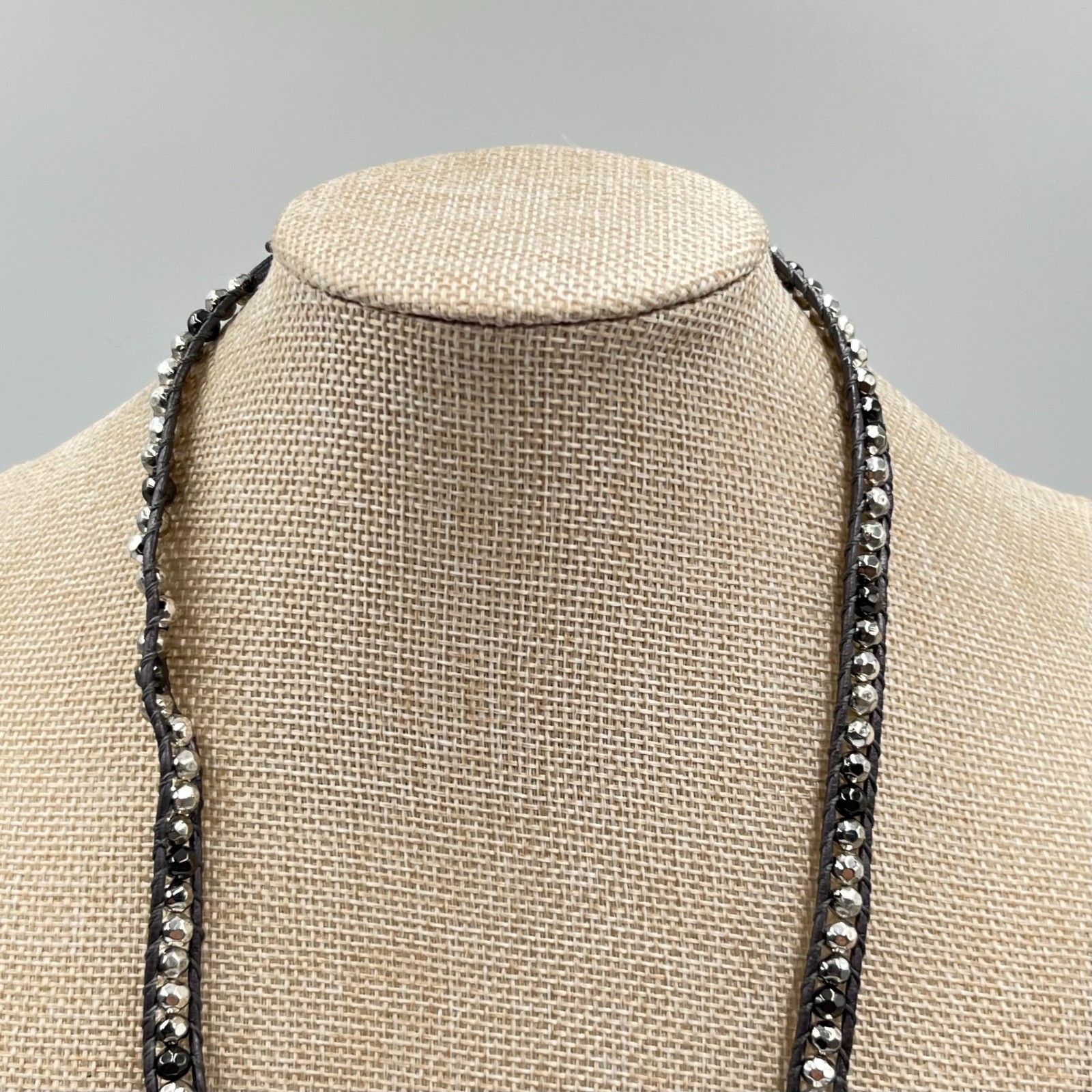 Vintage Boho Silver Mixed Bead Brown Leather Wrap Necklace Bracelet Adjustable