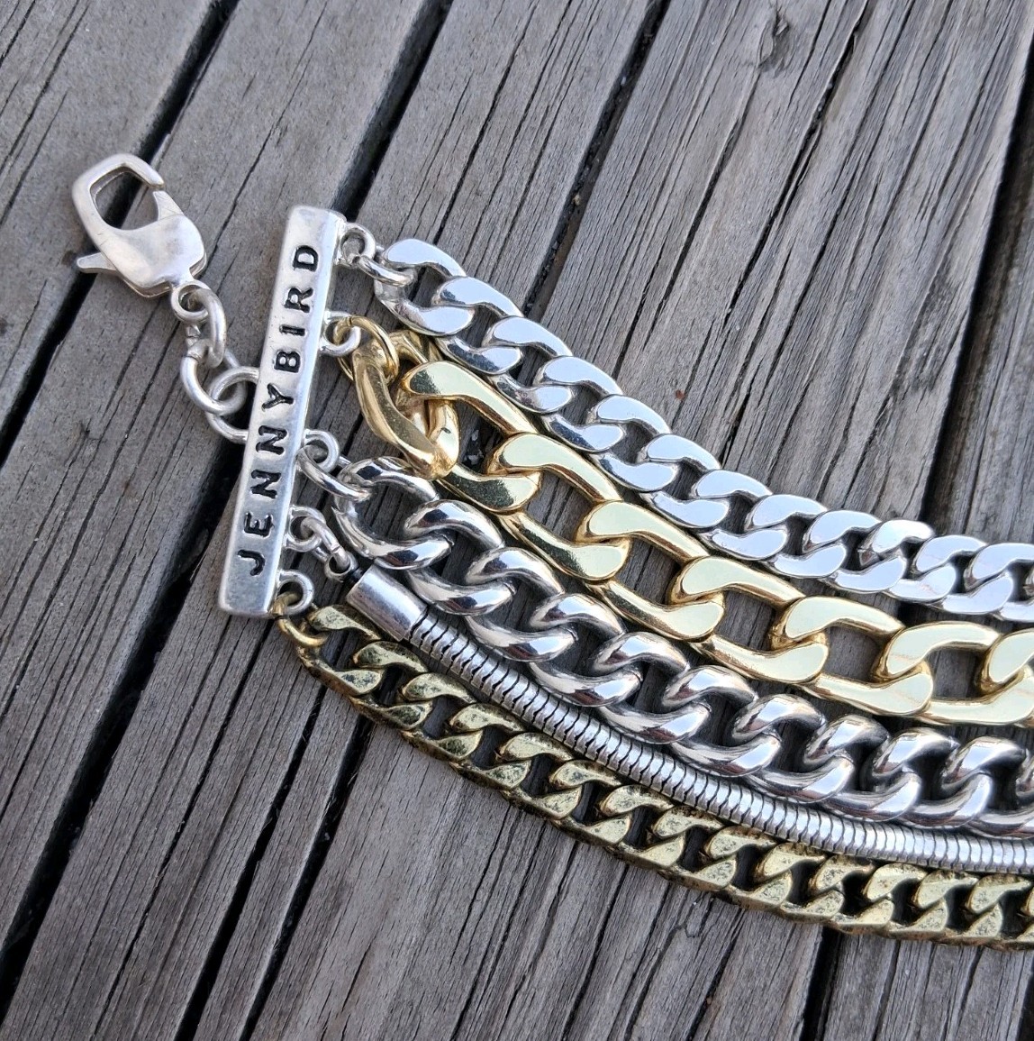 Jenny Bird Multi Chain Silver Gold Bronze Tone Lobster Claw Clasp Bracelet 8.5″