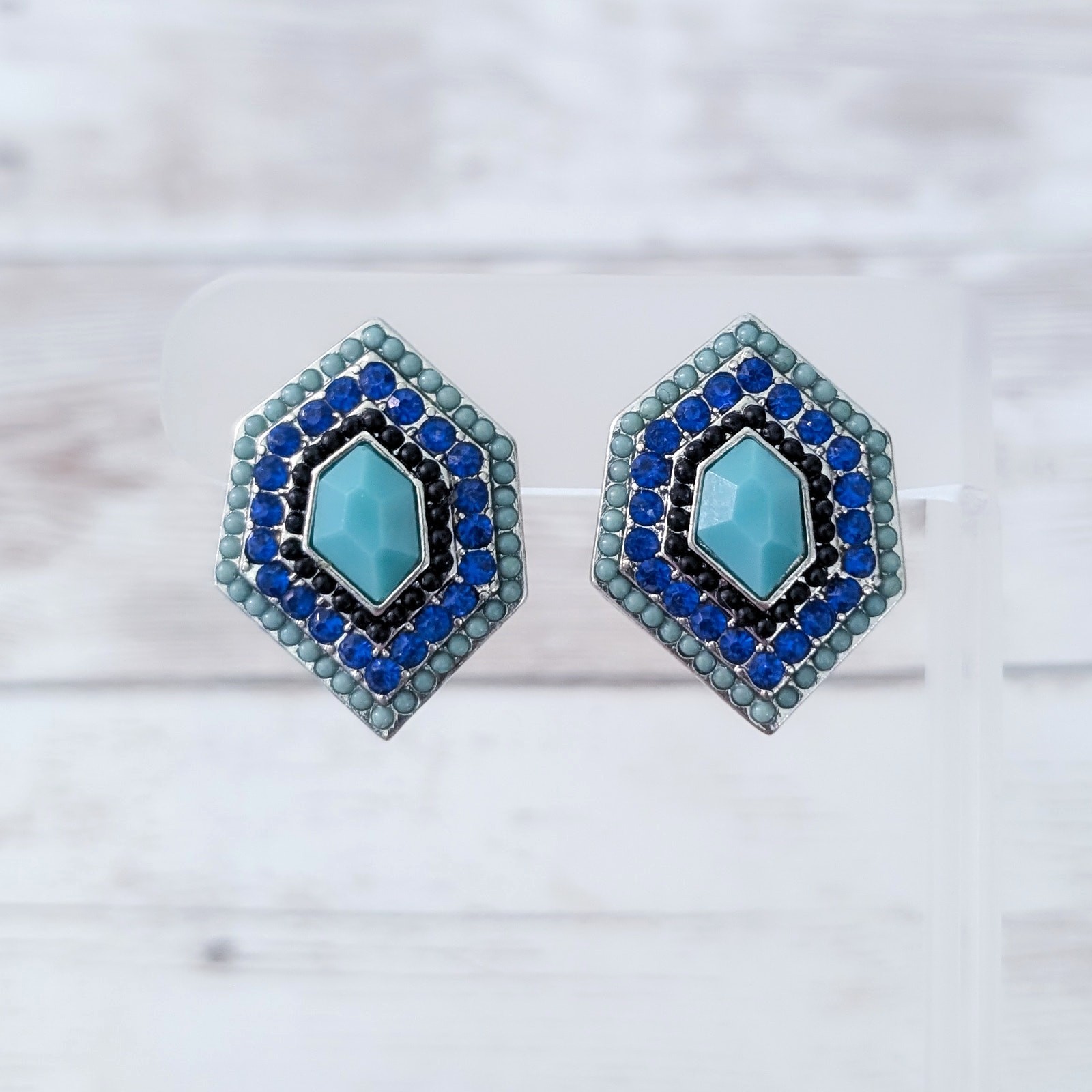 Vintage Clip On Earrings – Large Statement Blue & Turquoise Tones 1 & 1/8″
