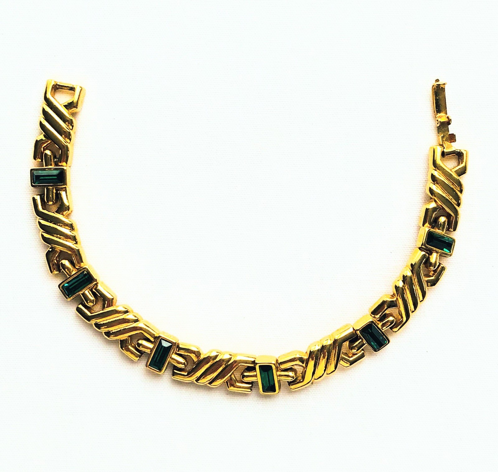 Simulated Emerald Link Bracelet May Birthstone 90s Etruscan Style Jewelry 7″