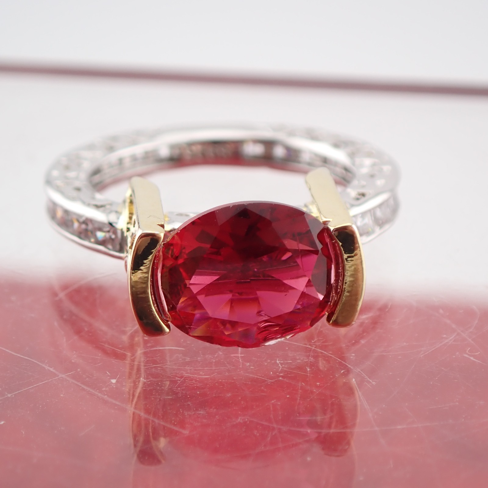 Vintage Tension Set Oval Red Crystal Clear Sides Silver Gold Tone Size 6 Ring