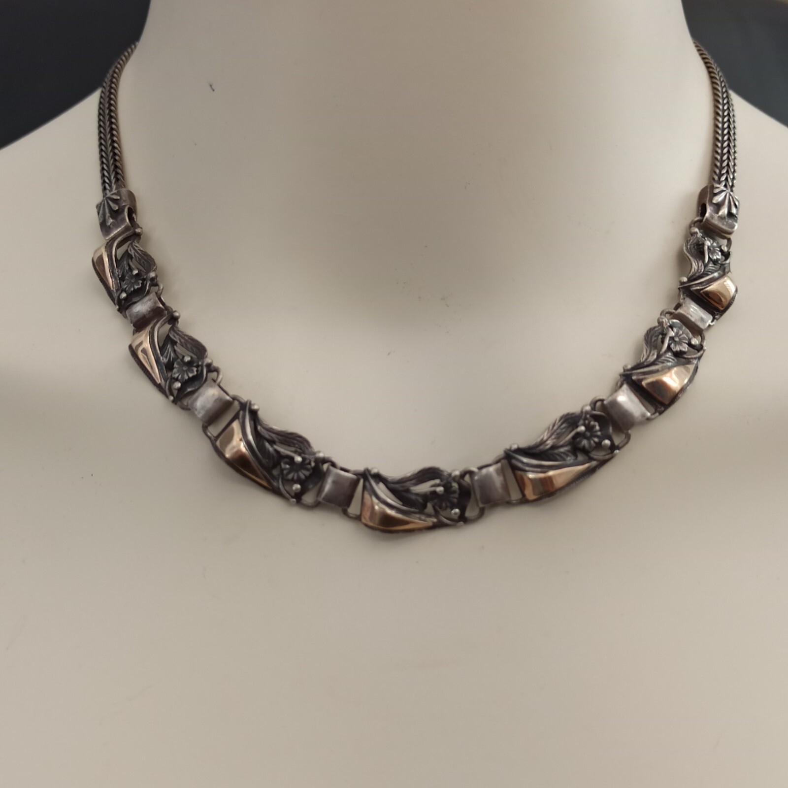 Vintage Silver Gold Necklace Bicolor Articulated Art Deco Revival Links 90s 925