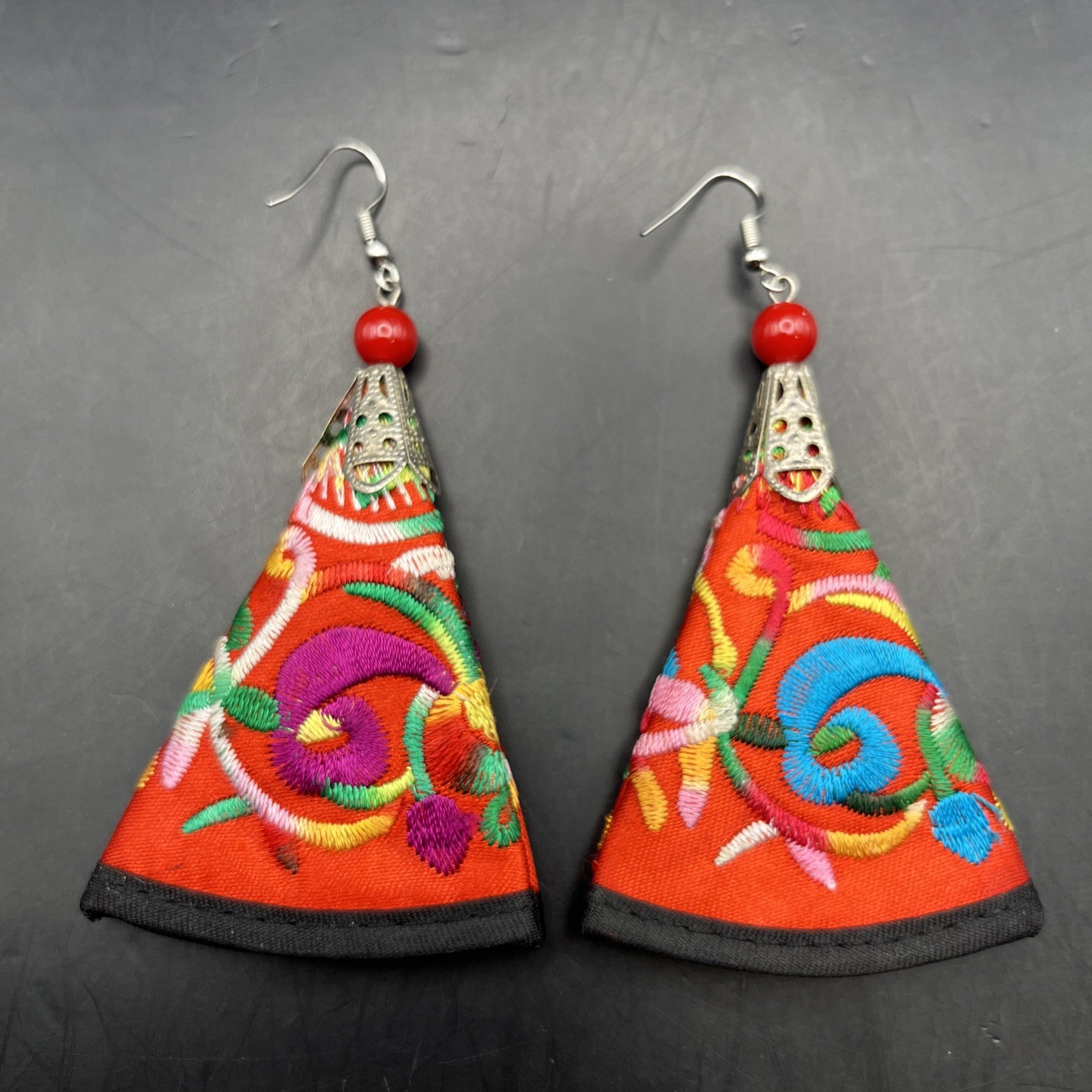 Colorful Embroidered Earrings Drop Dangle Hook Red Vibrant Bright Bold Boho