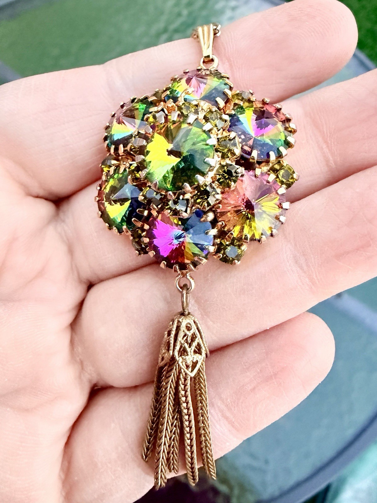 Vtg Juliana Watermelon Heliotrope Rivoli Tassel Pendant Necklace