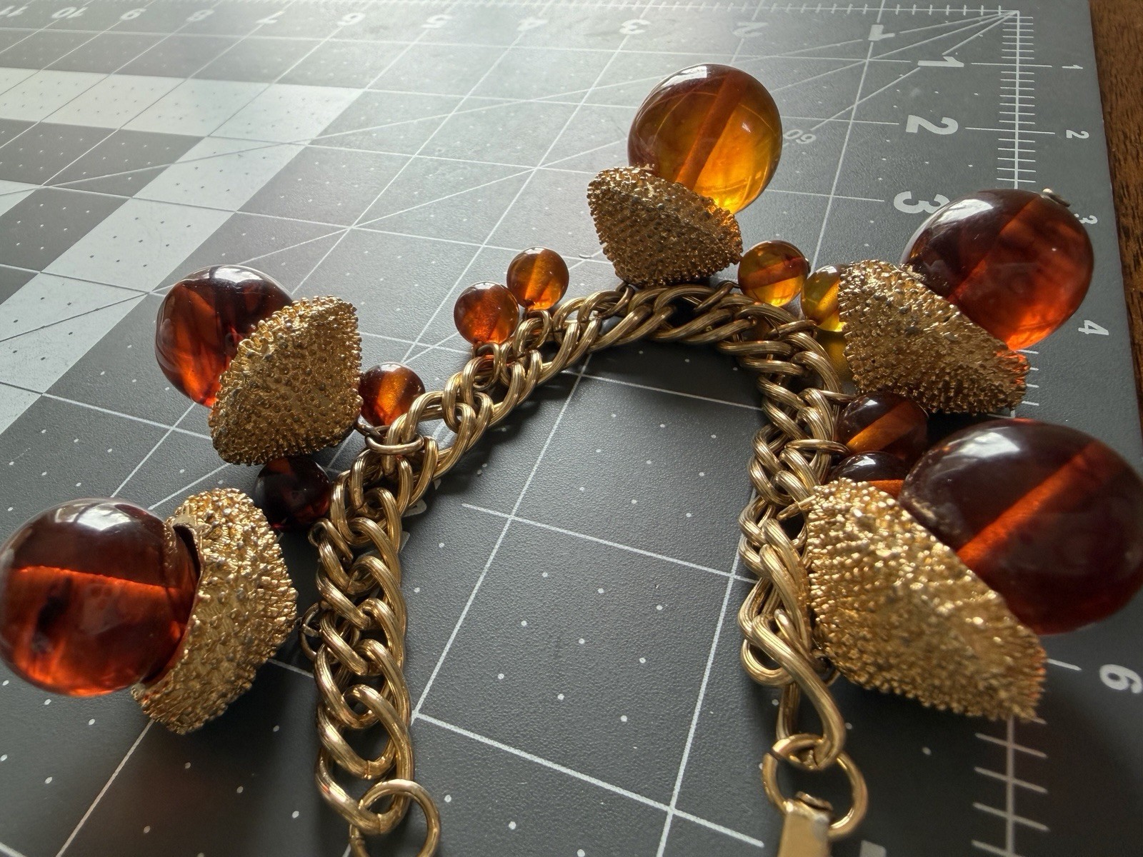 Vintage MCM Chunky Acorn Charm Bracelet Oversized Amber Glass Style Lucite Gold