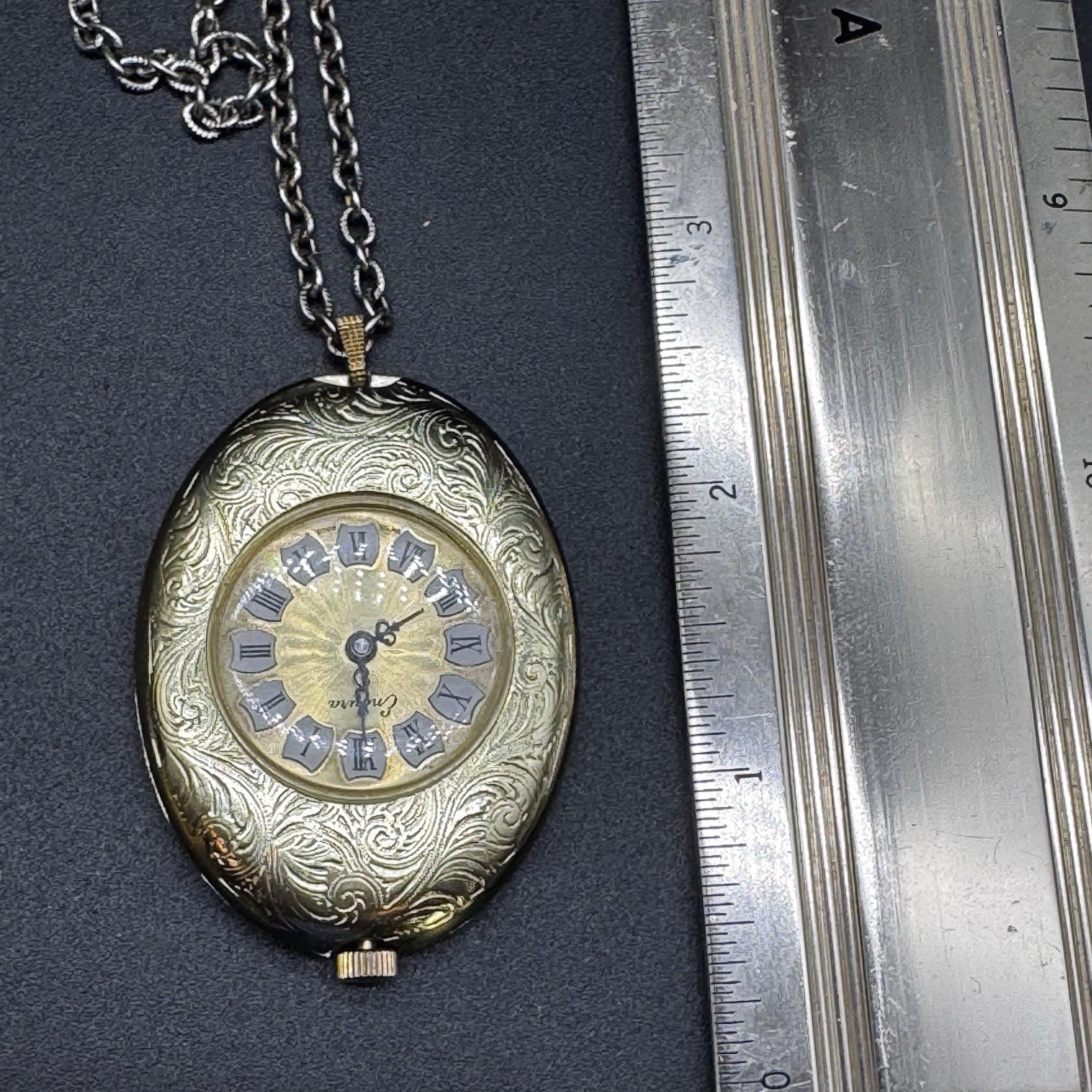 Vintage Endura Oval Pendant Watch Necklace Gold-Tone Engraved Roman Numerals