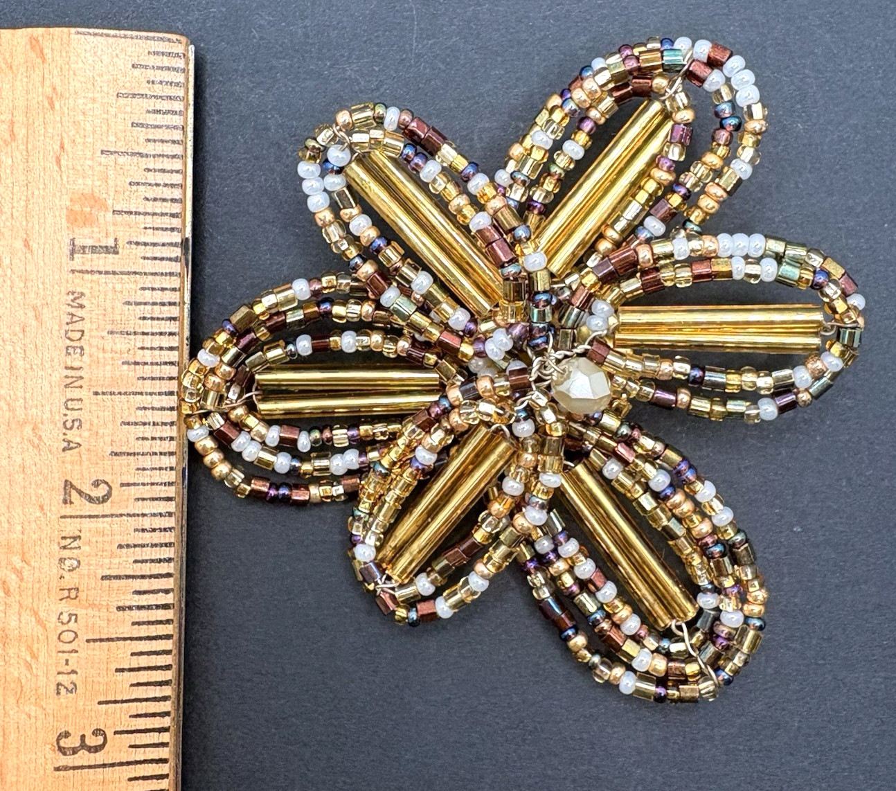 Vintage Joan Rivers Flower Floral Gold Brown White Glass Beaded Brooch Pin 2.5″
