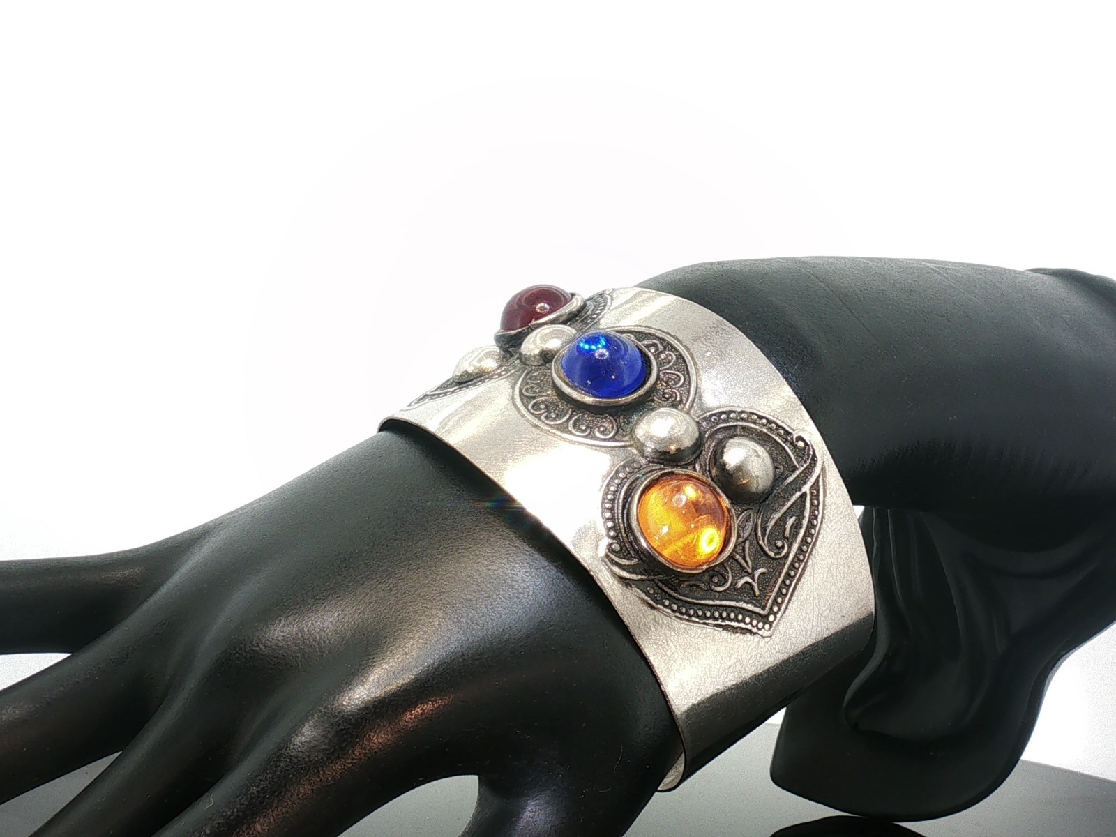 Vintage Boho Silver Tone Cuff Bracelet – Colorful Cabochon Stones