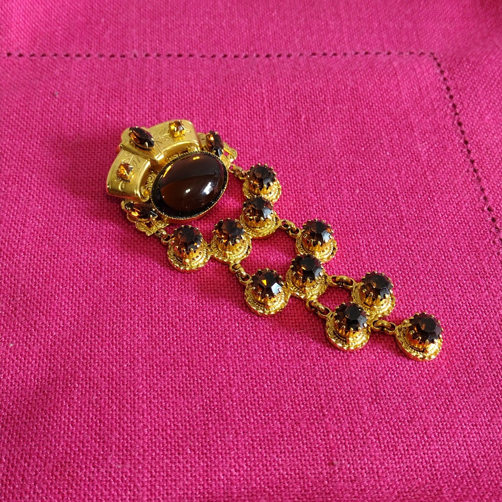 Robert Rose Gold Tone Amber Rhinestone Crown Chandelier Dangle Statement Brooch